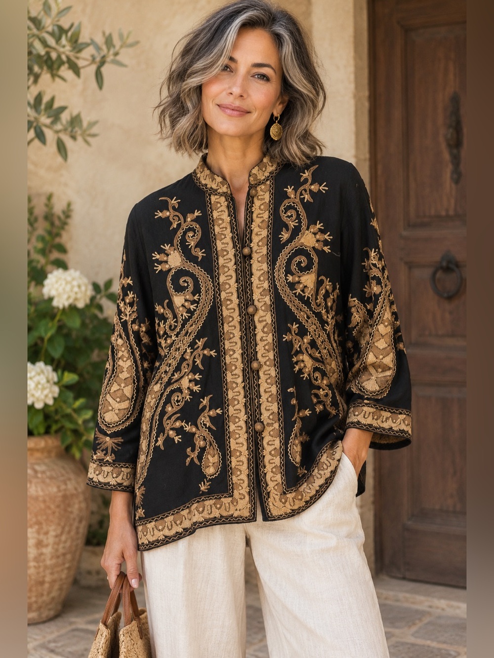 Soft Surroundings Medium Wool Embroidered Jacket Black Tan Boho Artisanal NWOT